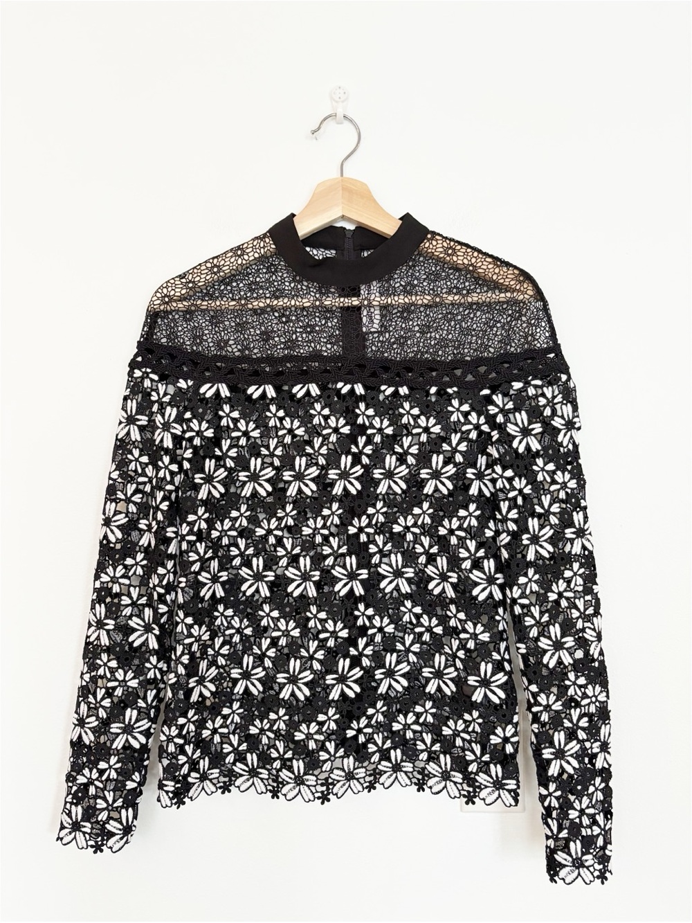 Self-Portrait || Antoinette Sheer Lace Blouse Mixed Guipure Top Black White US 2